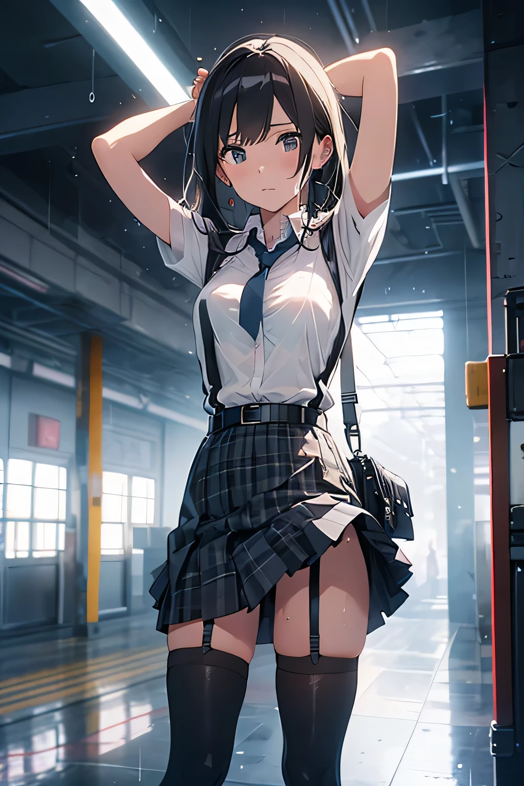 1 female, , high quality, masterpiece, Ultra-high resolution, Cinema Lighting, 1 female, , high quality, masterpiece, Ultra-high resolution, , Cinema Lighting, suspenders Moderate breasts Small face Looking up Sweat Thin belt buzzer 脇Sweat garter belt Belt on pants holster Hands behind your back Looking up Anxious face Knee-high Knee socks Knee-highソックス garter ふとももにgarter belt Checkered mini skirt Panty shot Skirt gap Armament holster holster Hands behind your back Anxious expression Anxious face, legs apart Armament Leg Holster holster See-through clothing heavy rain Rain-soaked dress shirt,Moderate breasts ガーターbelt suspenders Garter on the thigh Checkered mini skirt Looking up Pause belt Armpit sweat Hands behind back Raise your hands