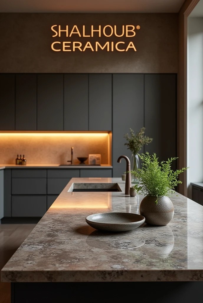 Write “SHALHOUB CERAMICA” on the wall in luxury kitchen granite table.