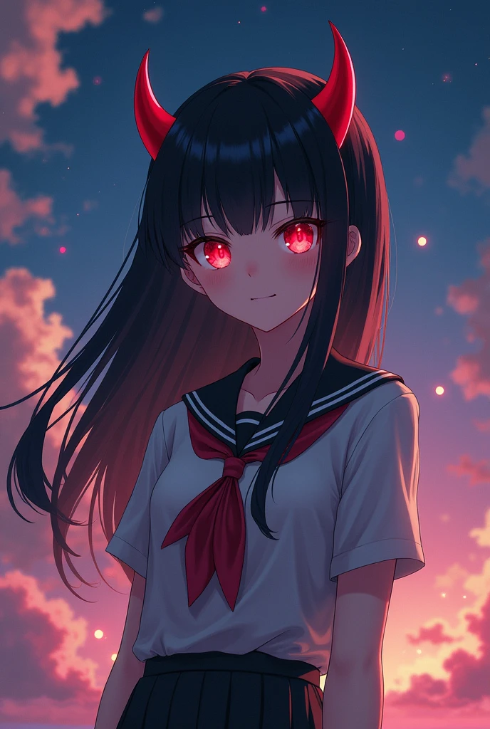 (masterpiece), best quality, expressive eyes, perfect face, 1girl, black hair, red eyes, demon girl, red horns protruding from the sides of her head, school uniform