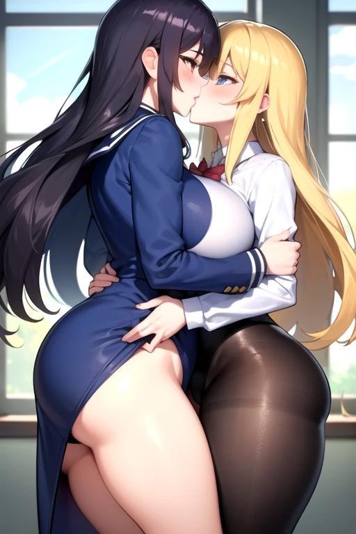 Lesbian (very long loose yellow hair)(big breasts, big thighs)(with school uniform clothes it is very tight) that he is kissing at school with his girlfriend,(big breasts, big thighs)lesbian love