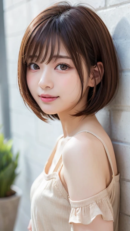 (Bob Cut Hair:1.2),(Wearing a blouse:1.2),1 person,Japanese,21 years old,(Small breasts:1.3),(Highest quality,masterpiece:1.3,Ultra-high resolution,),(Very detailedな,Caustics),(Realistic:1.4,RAW shooting,)Ultra-Realistic Capture,Very detailed,High resolution 16K human skin closeup。 Natural skin texture、,pores、、It needs to be detailed enough to be easily identifiable。 Skin tone is even and healthy looking。 Use natural light and color, Happy expression, Looking into the camera, Perfect dynamic composition, Outdoor、Cleavage、sheer、Earrings、Leaning against the wall、Raise your hand、Duck mouth、Armpits