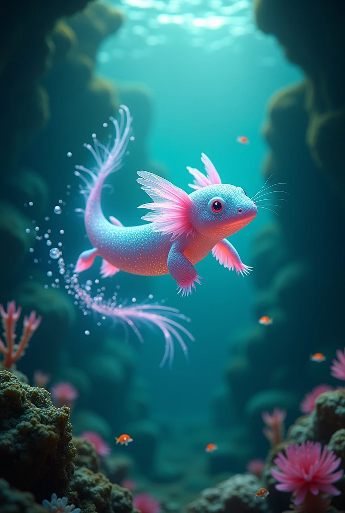 Create a mythological being based on an axolotl.