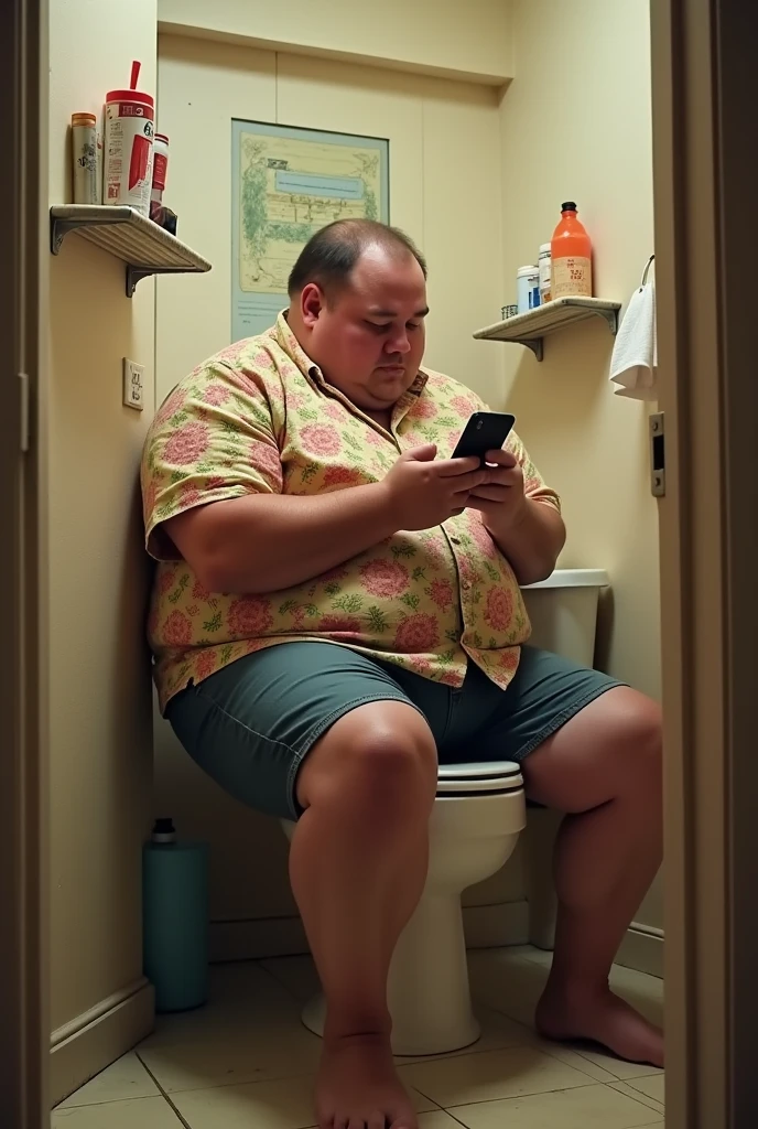 overweight man, sitting toilet, cell phone brother, defecating, Their face is not visible.