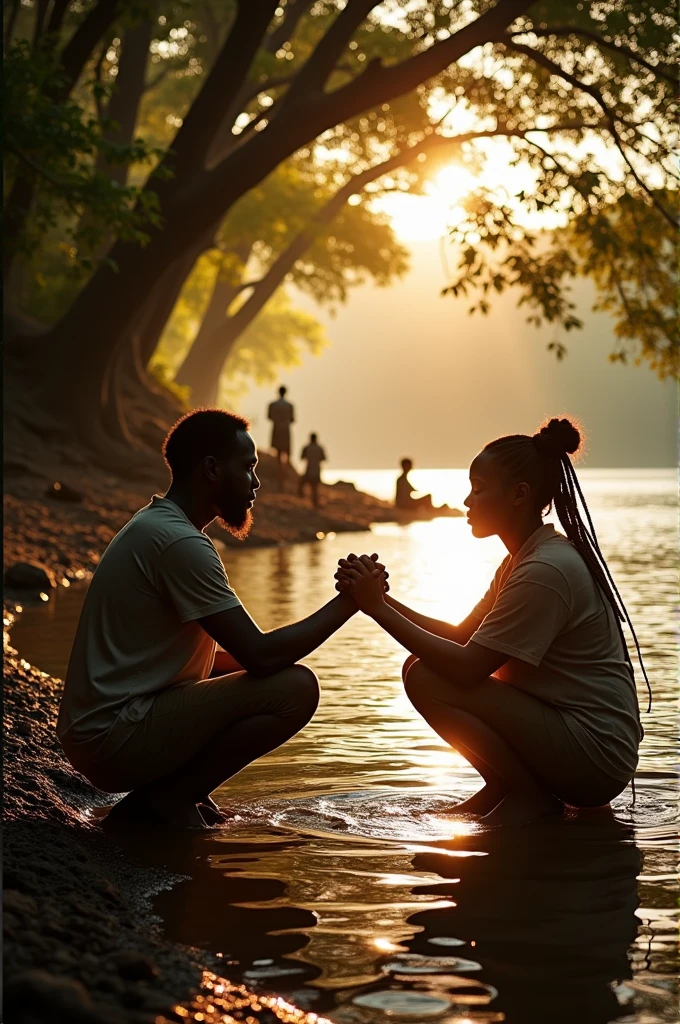 The Reflection and HealingPrompt: "Create a serene scene of a group of diaspora visitors reflecting at the Assin Manso Slave River, where enslaved Africans took their last bath before being shipped away. The environment is peaceful, with the calm river surrounded by tall trees and the soft glow of the setting sun. The visitors are kneeling by the water, some holding hands, others in quiet contemplation. The atmosphere is one of healing and reconnection, with the natural beauty of the location symbolizing the restoration of ties to the homeland."Focus: The healing and reflective moments at significant historical sites, emphasizing the emotional journey of the Year of Return.