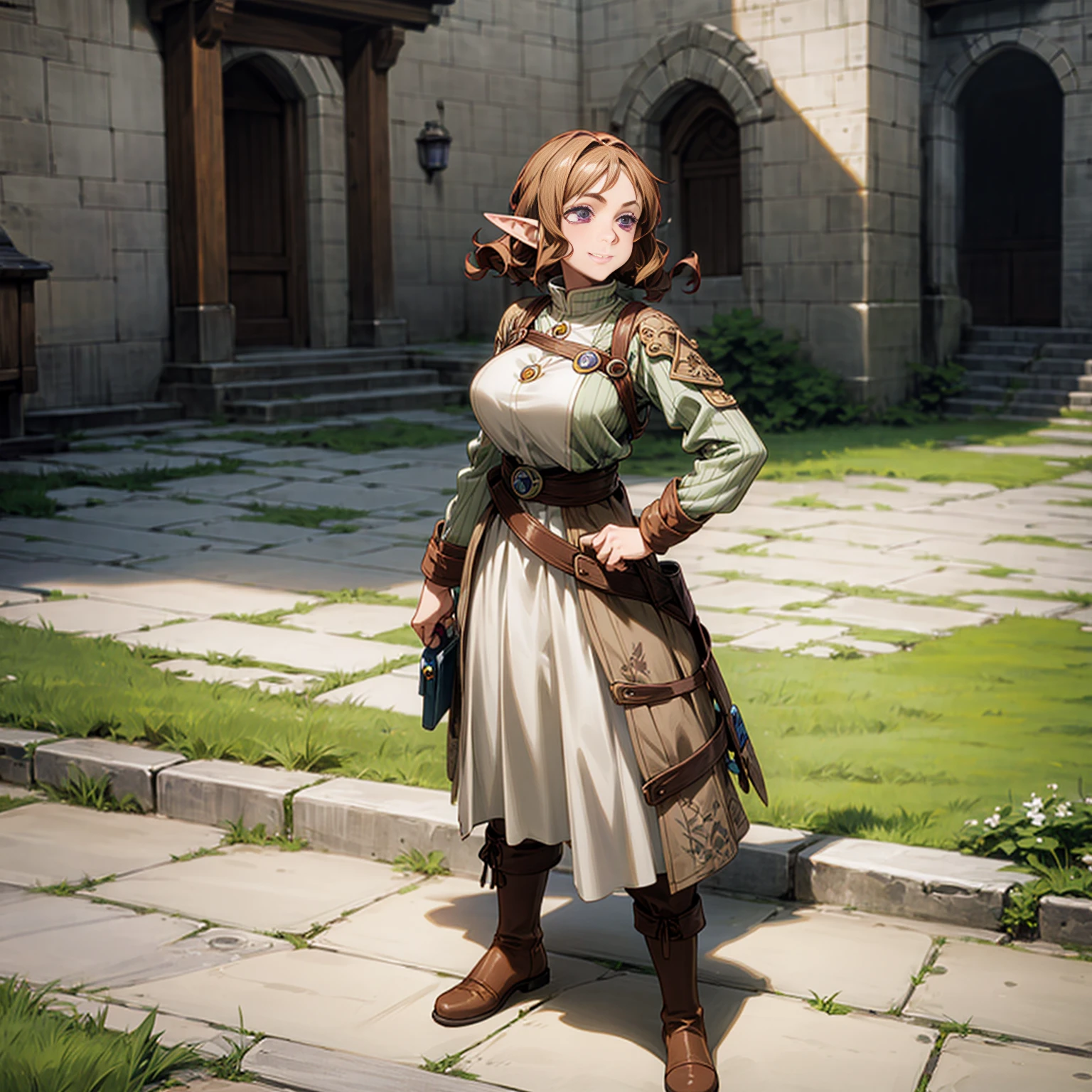 Solo character, full body version, old girl, (elf), purple eyes, brown color hair, long curly haircut, casual outfit, boots, outdoor, town, medieval, morning, standing gesture, detailed background, detailed clothing, detailed hair, (Bleach style art, Doraemon style art), happy eyes, smile mouth,  very big breast, hand gun in hand 