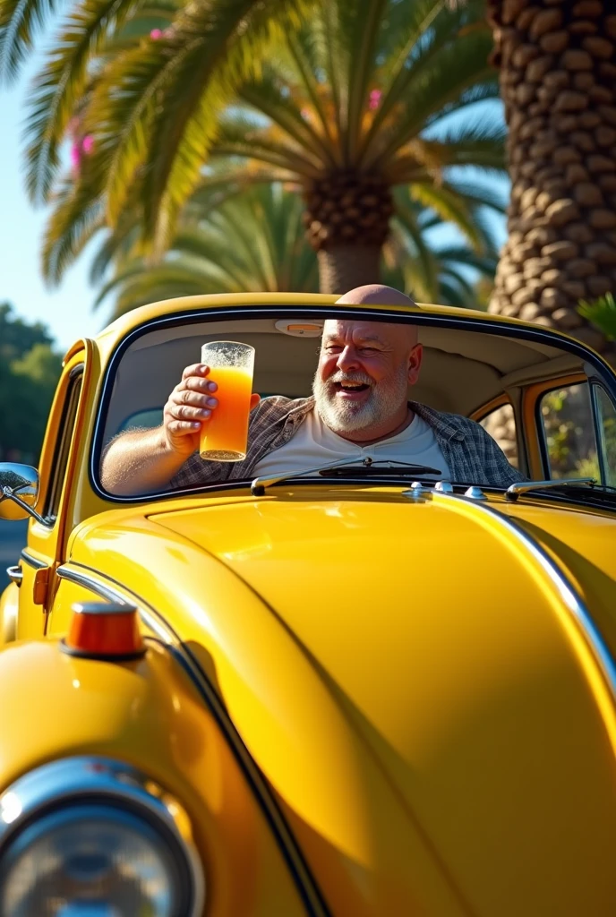 bald fat man relaxing with an orange juice in a yellow Beetle