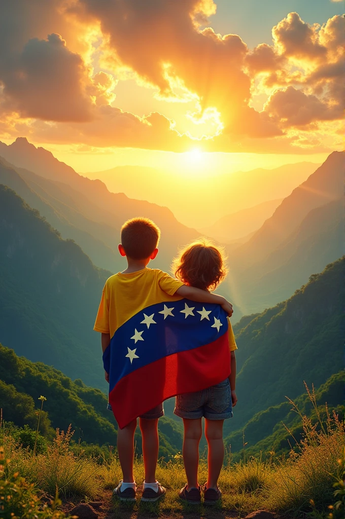 make a design of Venezuela, the Venezuelan flag must appear clearly with its 8 stars, a landscape representing Venezuela and you must put two children observing the landscape and a poem of which you must leave blank. The design should be large for a banner