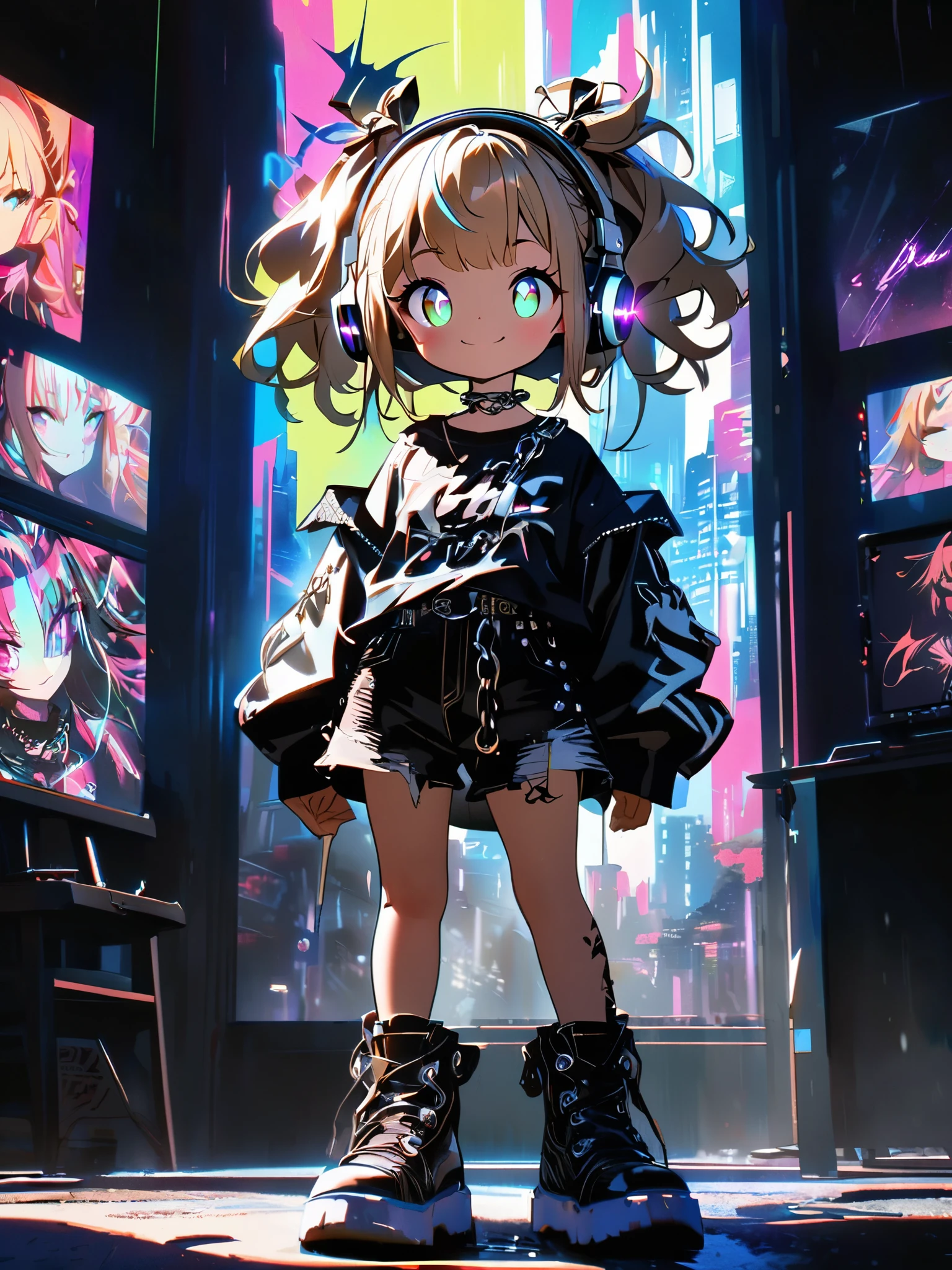 1 person, chromatic aberration, Written boundary depth, Soft Light, masterpiece, Highest quality, complicated, Tone Mapping, Very deしっぽed, Art Station, Concept Art, Smooth, Clear focus, Dramatic lighting, Very deしっぽed artwork, movie, super practical painting, Art Station's trending, 8k, Incredible Shadows, practical, whole body, View, Viewers, Very deしっぽed portrait of one girl 1, standing on street corner, Heavy rain and lightning、Dark Sky, neon and cyber punk background, she is dressed in punk clothing with silver chains and silver spikes, Her hair was dyed light brown...........,The middle part is black, She is wearing headphones, Ominous aura of light, smile, punk, Cyber Rock, Backlight.Fashionable clothes.Dress code: Denim Outfit,Her hair is tied up cutely.