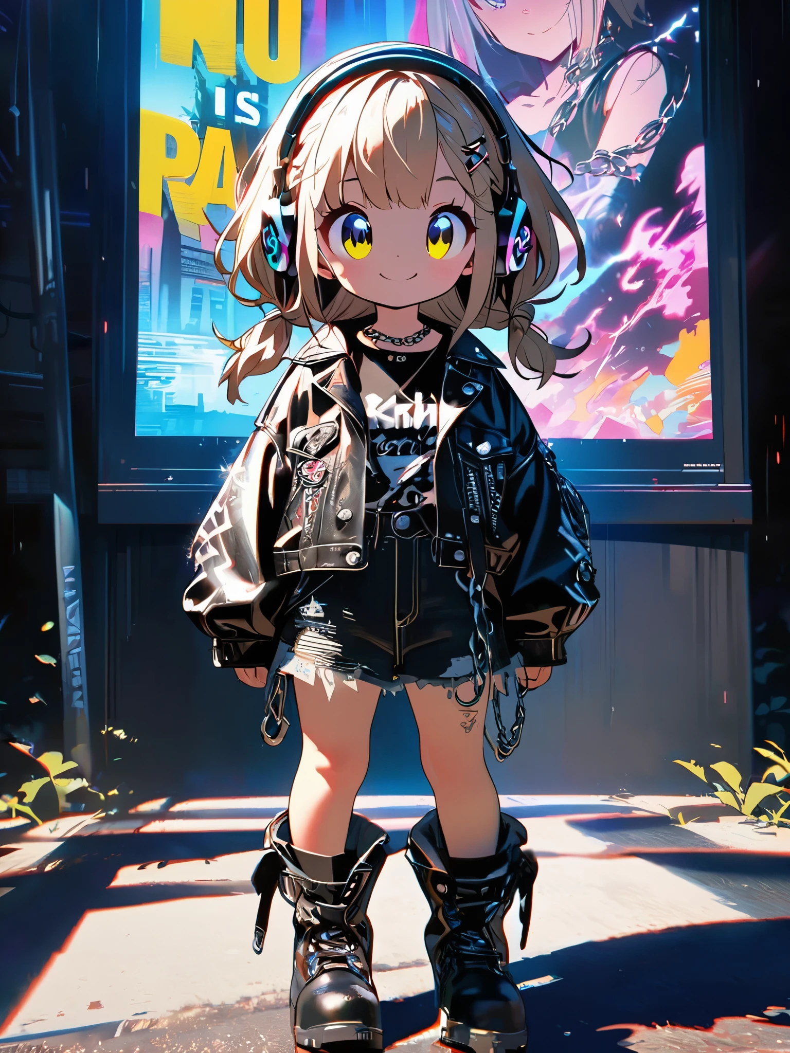 1 person, chromatic aberration, Written boundary depth, Soft Light, masterpiece, Highest quality, complicated, Tone Mapping, Very deしっぽed, Art Station, Concept Art, Smooth, Clear focus, Dramatic lighting, Very deしっぽed artwork, movie, super practical painting, Art Station's trending, 8k, Incredible Shadows, practical, whole body, View, Viewers, Very deしっぽed portrait of one girl 1, standing on street corner, Heavy rain and lightning、Dark Sky, neon and cyber punk background, she is dressed in punk clothing with silver chains and silver spikes, Her hair was dyed light brown...........,The middle part is black, She is wearing headphones, Ominous aura of light, smile, punk, Cyber Rock, Backlight.Fashionable clothes.Dress code: Denim Outfit,Her hair is tied up cutely.
