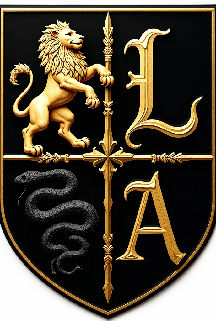 A coat of arms in the shape of a shield divided into four parts, on the upper left side,a lion often used in coats of arms, on the upper left side, a letter L in gothic format, on the lower left side a snake in the same style as the lion, in the lower right corner, a letter A, at the bottom of the lion and the snake, the shield will be black, and the golden animals, at the bottom of the letters,the shield will be golden, and the black letters