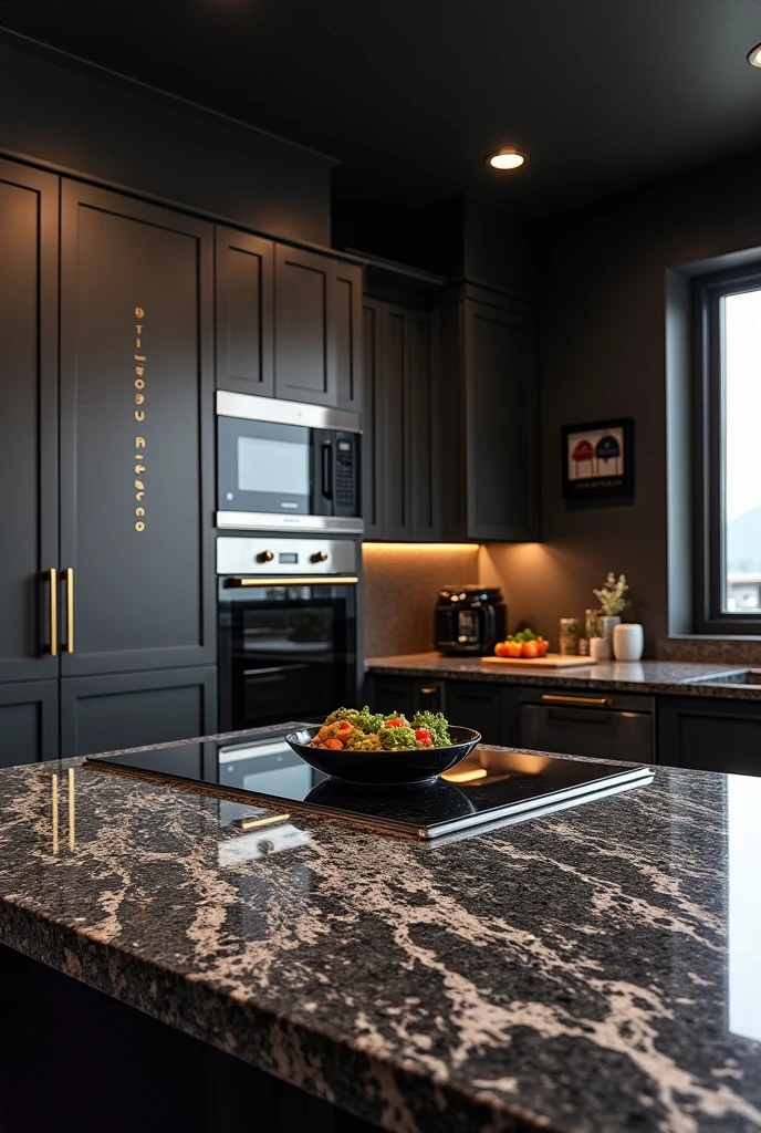 Write “SHALHOUB CERAMICA” on the wall in luxury kitchen granite table.