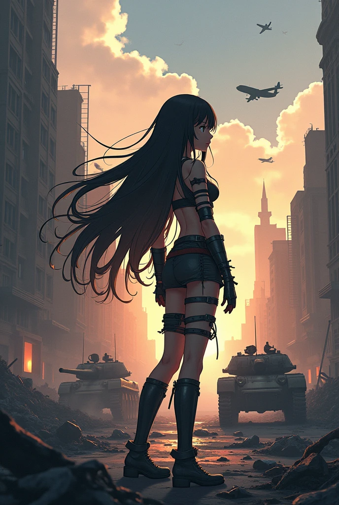 Anime girl in middle of town destroyed by war with tanks and warplanes flying in the background 2D animation 
No animation errors