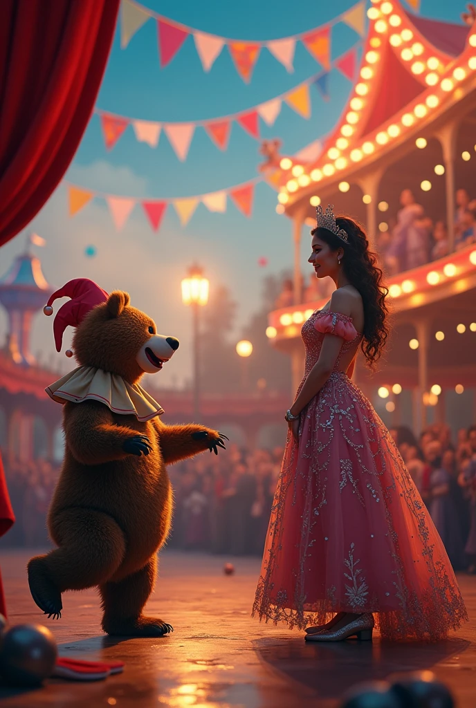 A circus with a bear a clown and a princess