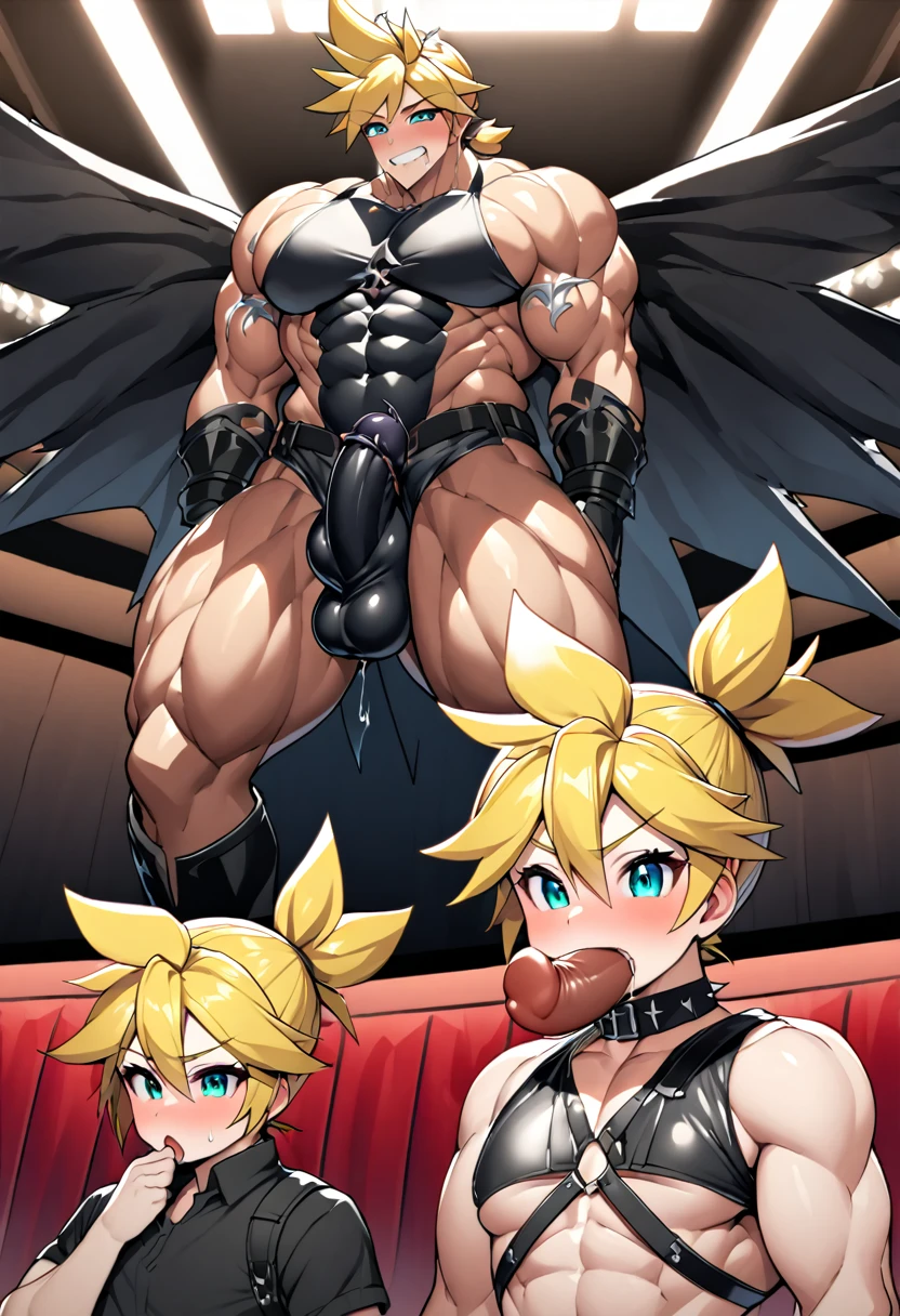 Concert Hall,Kagamine Len,short hair,Short Ponytail,Spiked Hair,Aqua Eye,Abnormally large muscles,He tries desperately to hide his huge erect penis with his mouth.、Not hidden,Demon body and wings,Harness