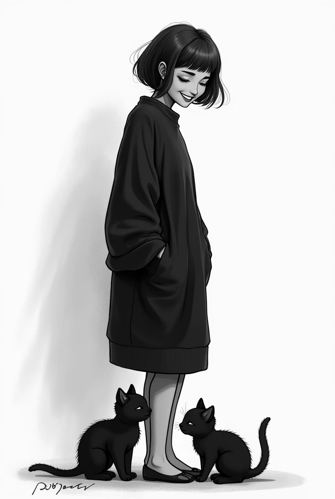 black and white drawing of a tall woman, dressed in a black sweater, short black hair channel with bangs, looking tenderly and laughing at two black kittens who are looking at her.
