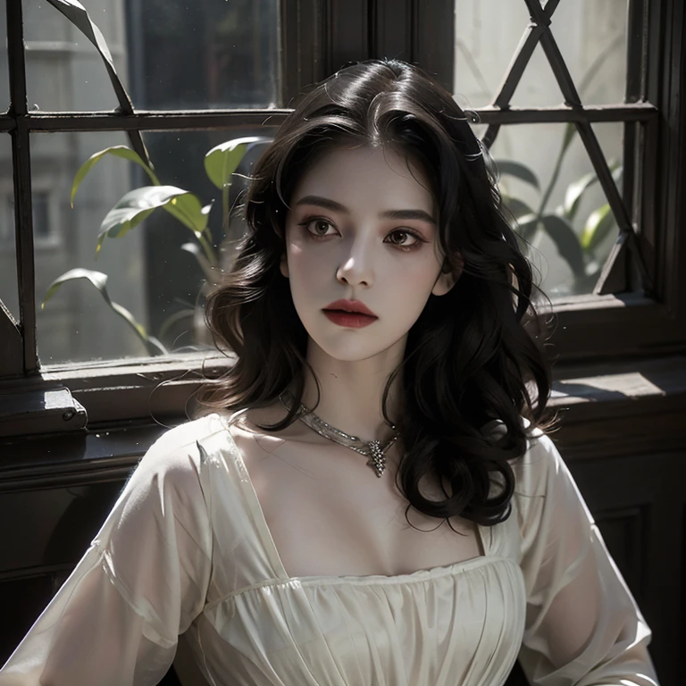 full body masterpiece, ultra realistic, 16k, high quality, incredibly detailed, dream aesthetic, dream atmosphere, cinematic, (sharp focus : 1.5), (photorealistic : 1.3) , A hyperrealistic young, very pale woman with long black hair and sad eyes, with a beautiful face, wearing a white dress. She is looking out of an old antique window. Horror and gothic atmosphere, with dramatic lighting and intricate details in both the woman and the surroundings. The window should have a gothic design, with shadows and light playing off her expression to enhance the mood of melancholy and mystery.