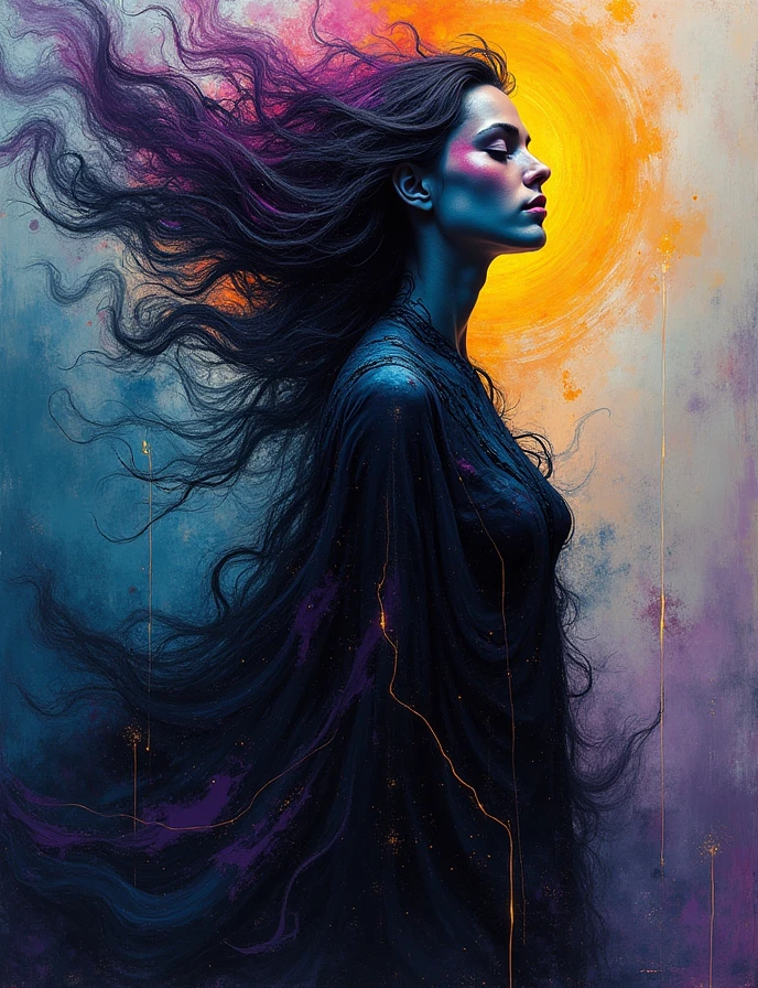 (Goddess of Mystery:1.4), depicted in an Abstract Expressionist style, (her form is an enigmatic blend of shadowy tones and intense, swirling brushstrokes:1.2), (her clothing is an abstract representation, with dark, moody colors interwoven with flashes of deep purples, blues, and blacks:1.2), (her presence exudes an aura of intrigue and mystique:1.2), (the background is a chaotic yet captivating mix of abstract shapes, textures, and shadows that suggest hidden secrets and unknown depths:1.2), (the colors are rich and intense, with a focus on deep, dark tones contrasted by sudden bursts of light:1.2), (perfect image quality:1.4), (intricate details in the brushwork, capturing the essence of mystery and the unknown:1.2), (the overall composition is fluid, with an emphasis on the contrast between light and dark, known and unknown:1.2), (her expression is elusive and enigmatic, hinting at secrets yet to be revealed:1.2), (the image embodies the concept of mystery, with a sense of depth and complexity that invites the viewer to explore further:1.2)
