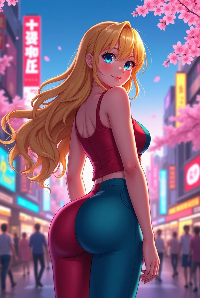 Anime blonde girl with a big butt and large breasts