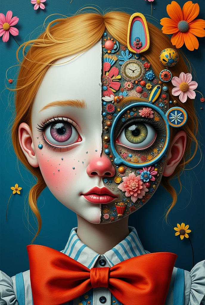 lewis carrol, Alice in Wonderland, Surreal and strange dislocation art:Collage,There are many different things on the faces,neon colors playground toys,Geometric Dislocation,Collage,Hollow,Artistic sense,Painting,paint,Simple, children playing infants girls and boys