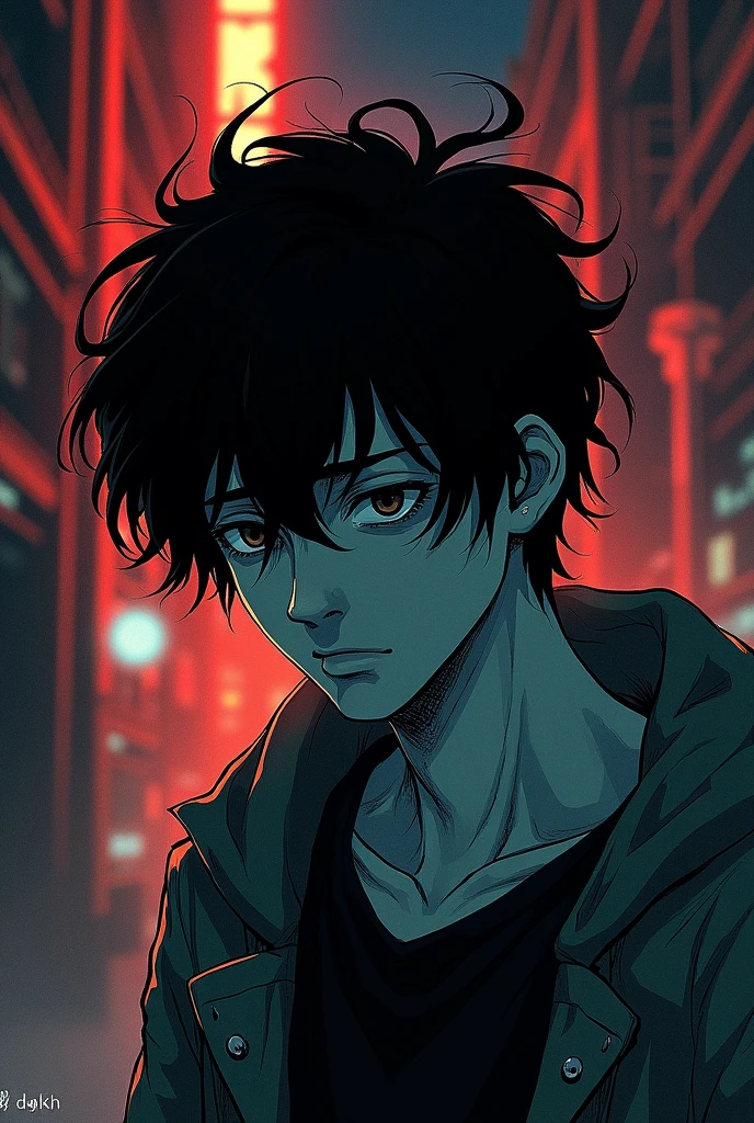 Create a manga cover, the protagonist has black hair and an empty, tired expression. His vibe is kind of dark., The cover style is like a manga illustration with hatching and shading.