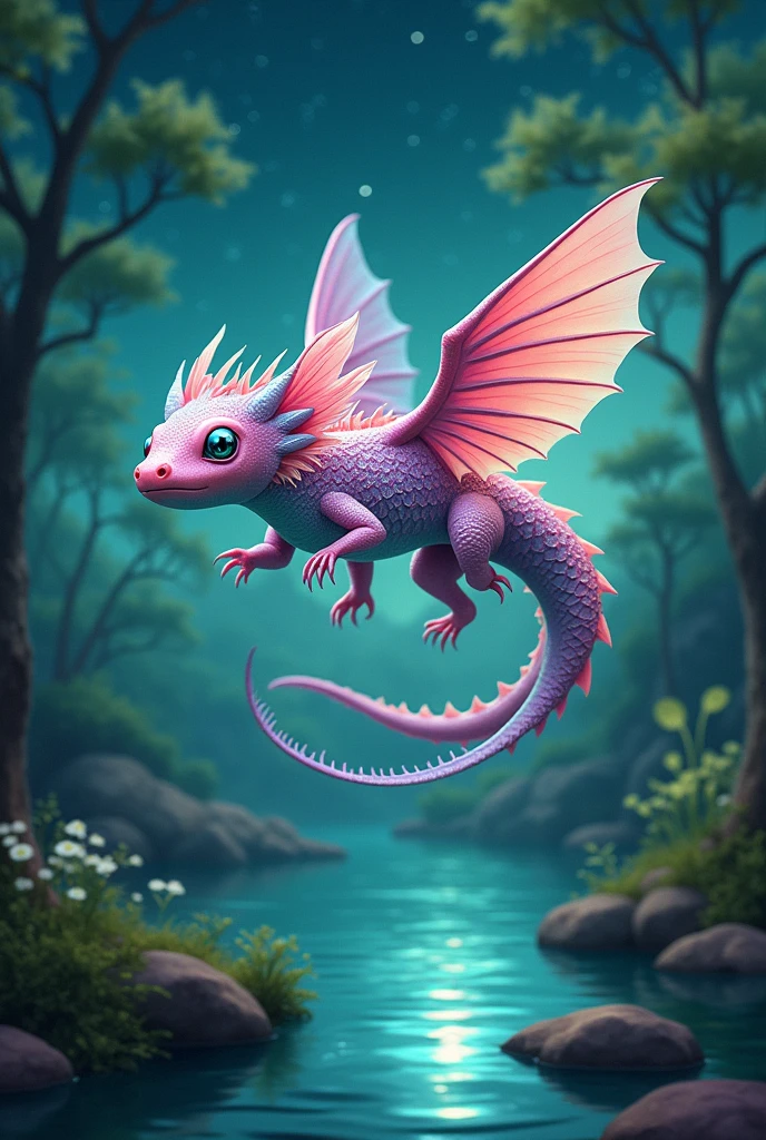 Create a mythical being based on an axolotl and a dragon.