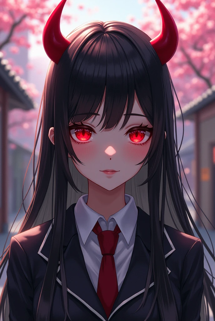 (masterpiece), best quality, expressive eyes, perfect face, 1girl, black hair, red eyes, demon girl, red horns protruding from the sides of her head, school uniform, realistic
