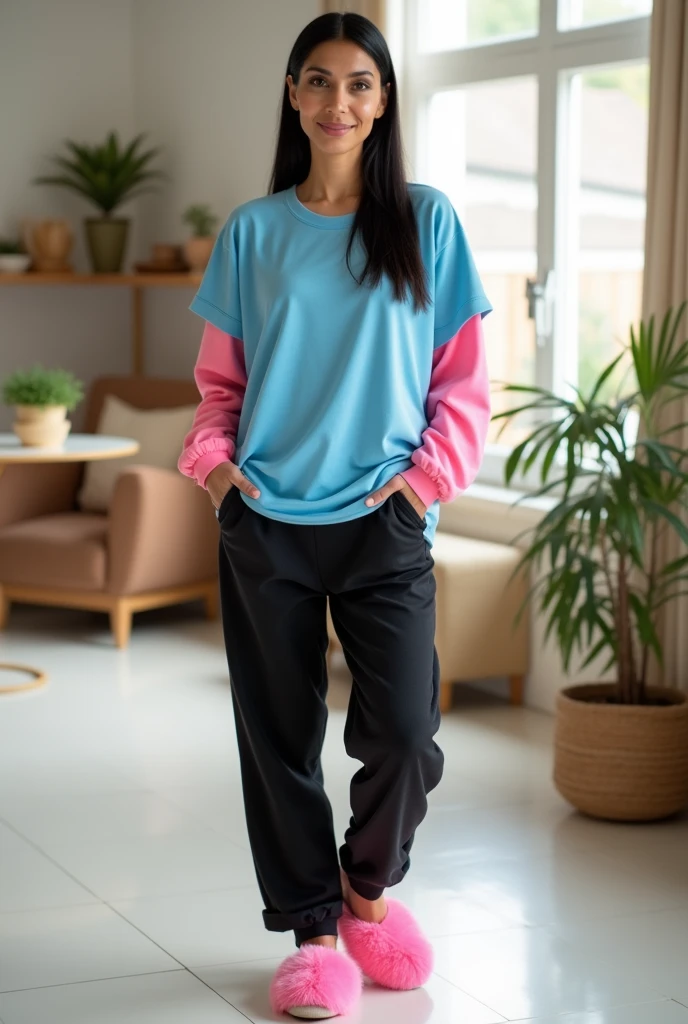 Detailed and realistic image I want a mature 37-year-old woman with black tied hair, a medium rounded nose. She's wearing a long blue t-shirt like this and a pink t-shirt underneath, black loose sweatpants, pink slippers. She's in a house with white tiles. 