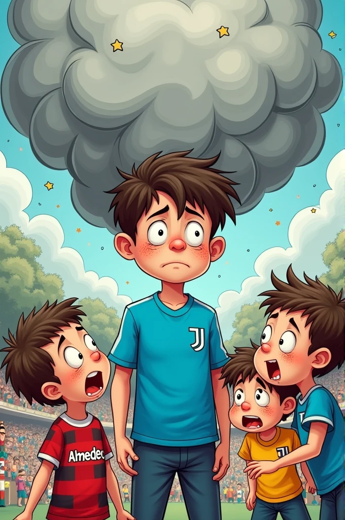 draw a child named Gabri who is , 150 cm tall, with a fringe, freckles, He had a narrow and long nose.
He has a blue shirt and Juventus pants, in the image he is being beaten by children who are 6 years old, small and snotty.
the child who has his butt on part of Gabri's face, in tears, was wearing an Albanian shirt with Alex written on it and. he had Catania hair. another child was fat with Amedeo written on his shirt, and the rest of the children all around beating him and making that grey cloud with stars that you see in cartoons in violent situations