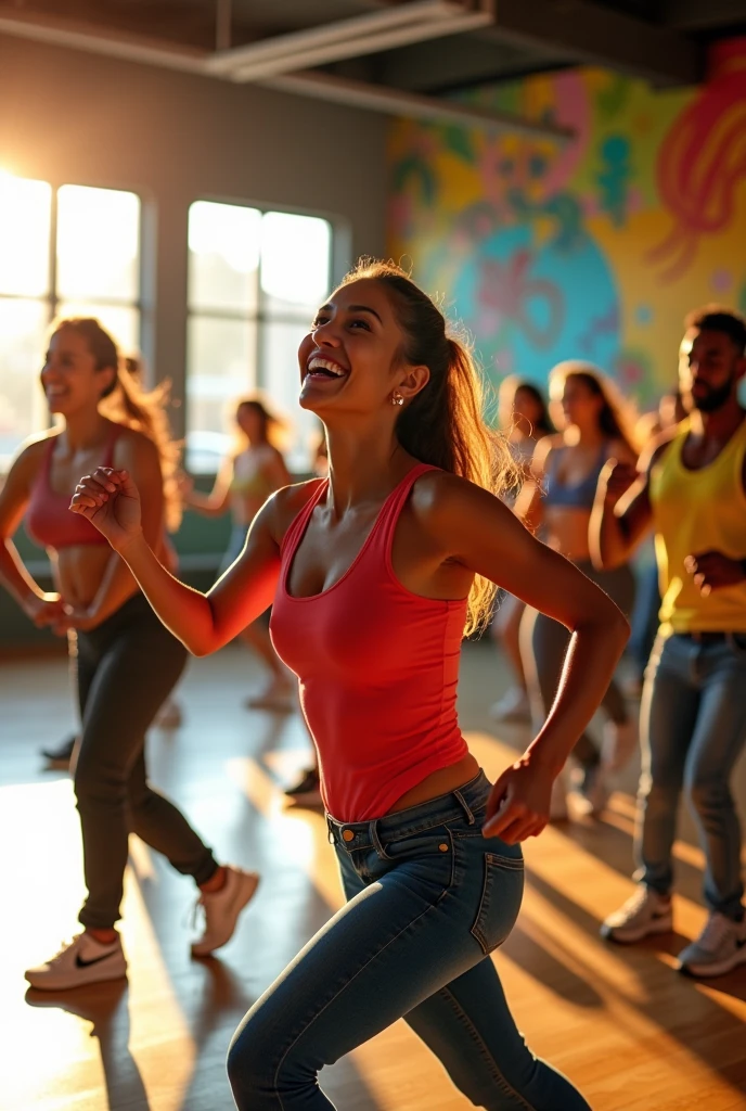 Zumba class with men and women 
