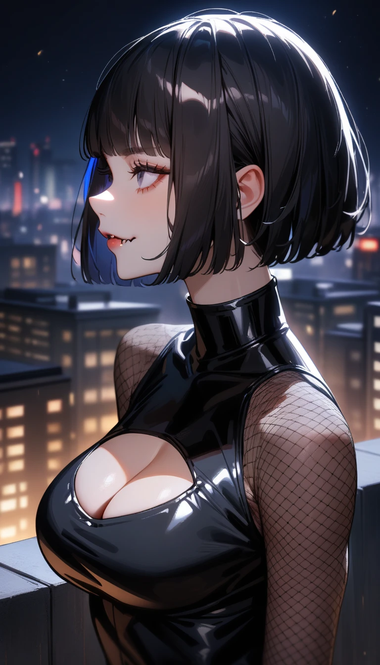 1girl,solo,super detailed skin,shiny skin,expressionless face,evil smile,, black hair, highlights hair, Blue streaked hair,bob hair,,hime cut,eyelashes,lips gloss ,fangs,,large soft breasts,fullbodysuit,fishnet arms,cleavage cutout,ninja costume ,cleavage cutout,model pose,looking afar,from side,night city,rooftop ,masterpiece,best quality,ultra detailed,high resolution,sharp focus