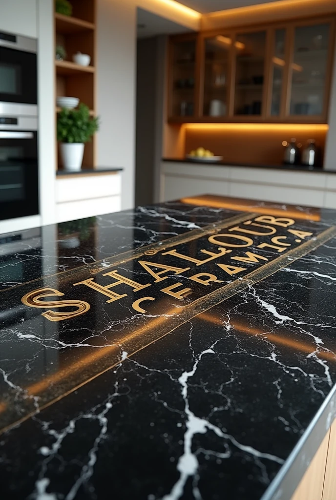 Write “SHALHOUB CERAMICA” on the wall in luxury kitchen galaxy granite table.