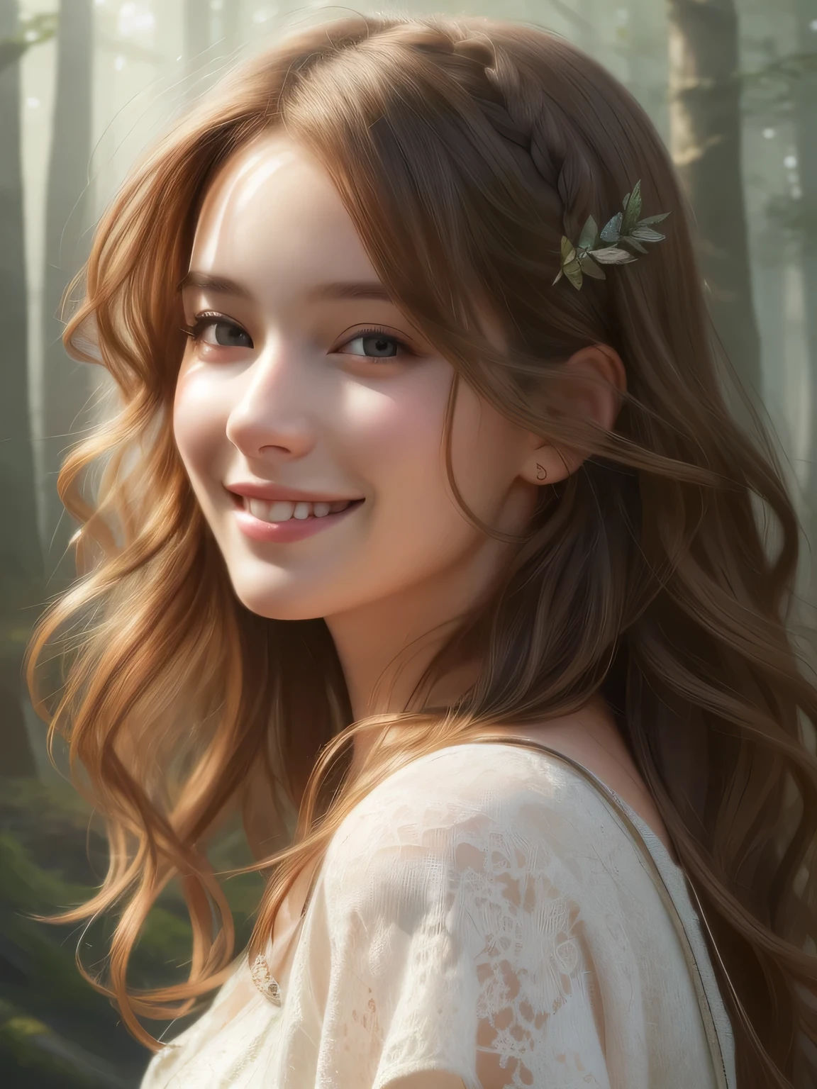 Close-up head, To the camera, 1 girl, Realistic digital painting of a 
woman, portrait, Cute Smile, (Wavy Hair:1.1), The morning sunlight shines through the misty forest, (Highly detailed skin:1.2), masterpiece, highest quality, 