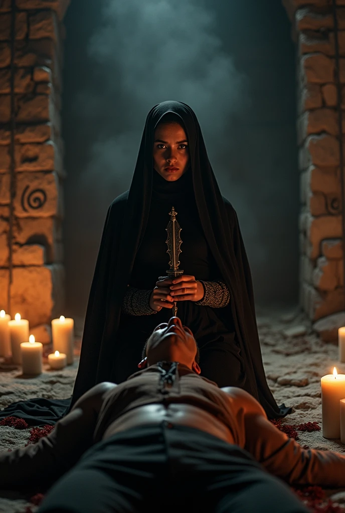A dominant woman in hijab is mercilessly sacrificing a man..