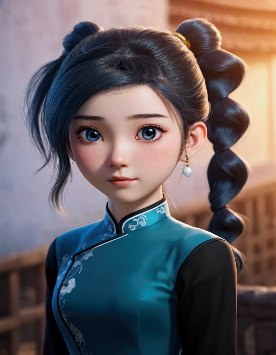a girl, ponytail hair, blue cash china dress with black long sleeves, realistic face, 4k