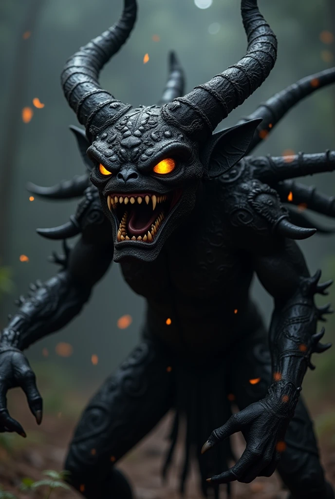 A vantablack faceless demon, dancing to the war drums, threatening stance, angry, furious, raging, baring its fangs, bloodlust, dynamic shot, side angle shot, close-up shot, high angle shot, bokeh, adorned with sinhalese and hindu and burmese decor, very dark background, looking grim, staring with fury, black eyes, golden glowing iris, fuming vantablack particles from its silhouette, 8k resolution, masterpiece,