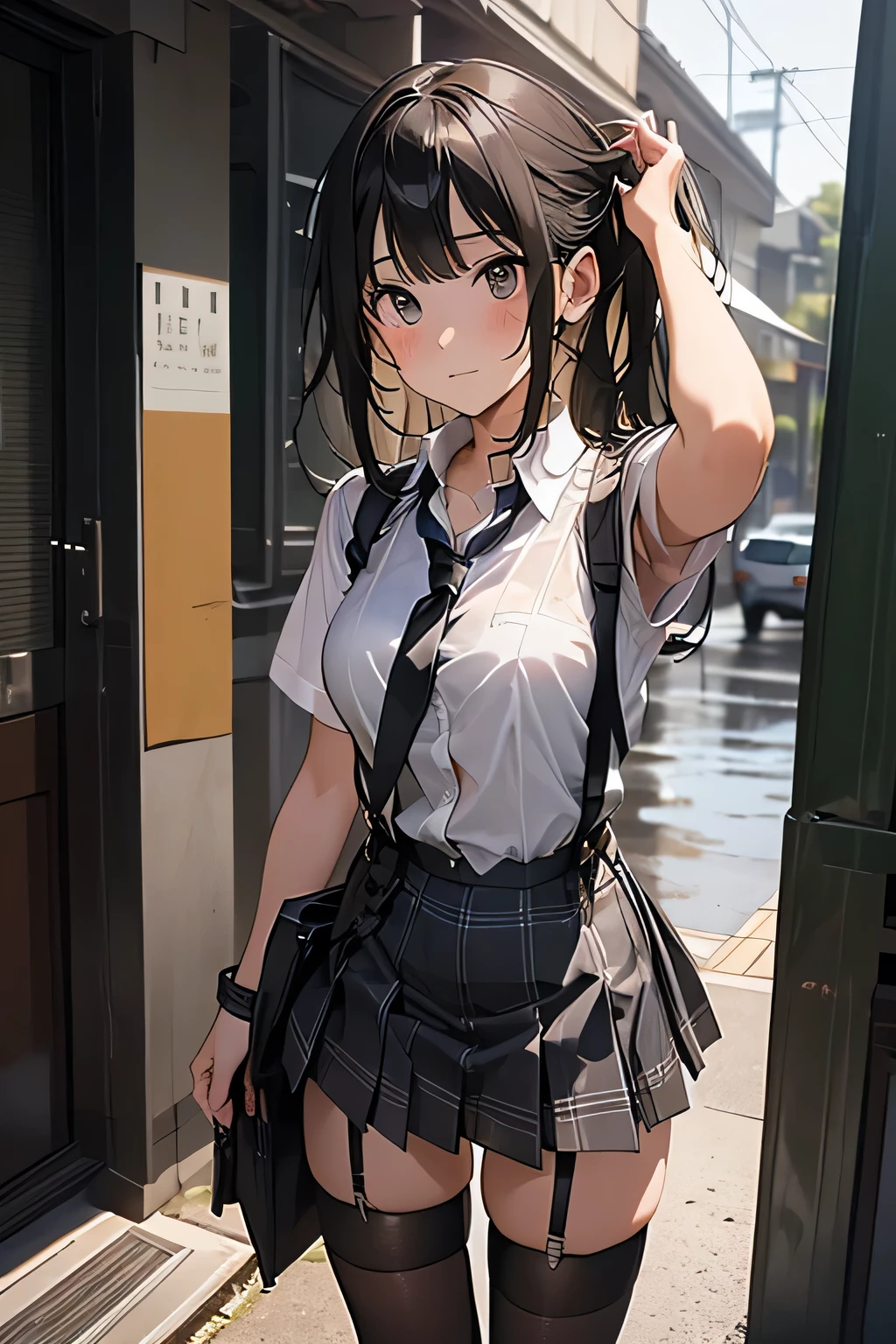 1 female, , high quality, masterpiece, Ultra-high resolution, Cinema Lighting, 1 female, , high quality, masterpiece, Ultra-high resolution, , Cinema Lighting, suspenders Moderate breasts Small face Looking up Sweat Thin belt buzzer 脇Sweat garter belt Belt on pants holster Hands behind your back Looking up Anxious face Knee-high Knee socks Knee-highソックス garter ふとももにgarter belt Checkered mini skirt Panty shot Skirt gap Armament holster holster Hands behind your back Anxious expression Anxious face, legs apart Armament Leg Holster holster See-through clothing heavy rain Rain-soaked dress shirt,Moderate breasts ガーターbelt suspenders Garter on the thigh Checkered mini skirt Looking up Pause belt Armpit sweat Hands behind back Raise your hands