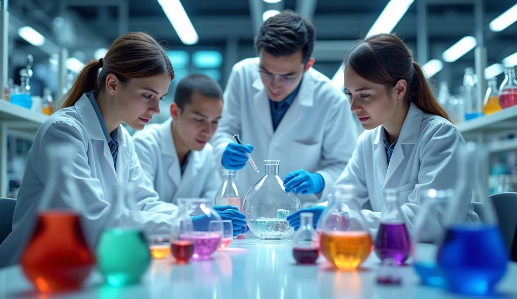 A modern and professional laboratory with advanced equipment and working scientists, representing the use of high quality substances. 3d. high definition 3d. high definition