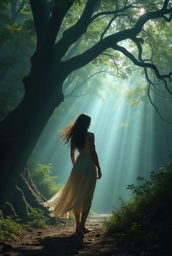 Imaginez une femme au regard déterminé, se tenant au bord d'une forêt sombre, où les arbres semblent se pencher vers elle, comme pour l'engloutir. Elle porte une robe fluide, légèrement déchirée, qui flotte au gré du vent. En arrière-plan, des éclats de lumière filtrent à travers les branches, symbolisant l'espoir et les défis à venir.