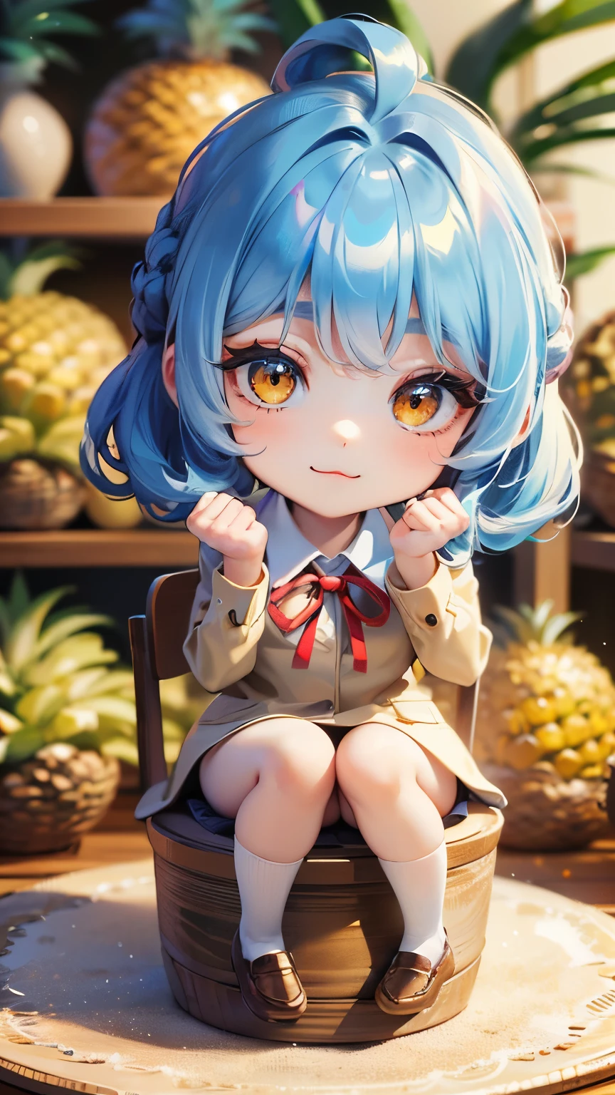 (Masterpiece、Fresh pineapple:1.3)、(8k、Ultra HD Photos、Highly detailed art gems:1.1)、(Chibi animation、One Chibi、masterpiece、Drawn with thick colored pencils:1.3)、(Chibi Body、Small face、Young face、Complete face parts、smile、Cute all over、Light blue hair color, Short chignon hair:1.3),(Highly detailed eyes、Tilt your head、Golden Eyes、humans skeleton、Beautiful breast growth、 :3, Ahoge, Carefully drawn fingertips、Perfect hands、Perfect Fingers、Perfect toes、Toned thighs、Very thin legs:1.3)、(大きくFresh pineapple:1.4)、(Knee-high socks、Student loafers、High school girl motif、School Uniform、ribbon:1.2),(A miracle photo:1.3)
