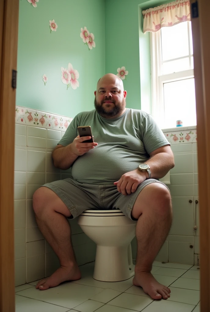 overweight man, sitting toilet, cell phone brother, defecating, The face is not visible