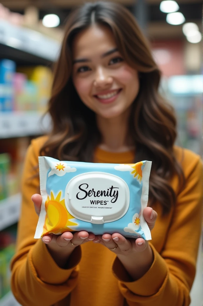 Create an advertisement of a woman in the market holding a box of Serenity wet wipes with a sun on the cover.
