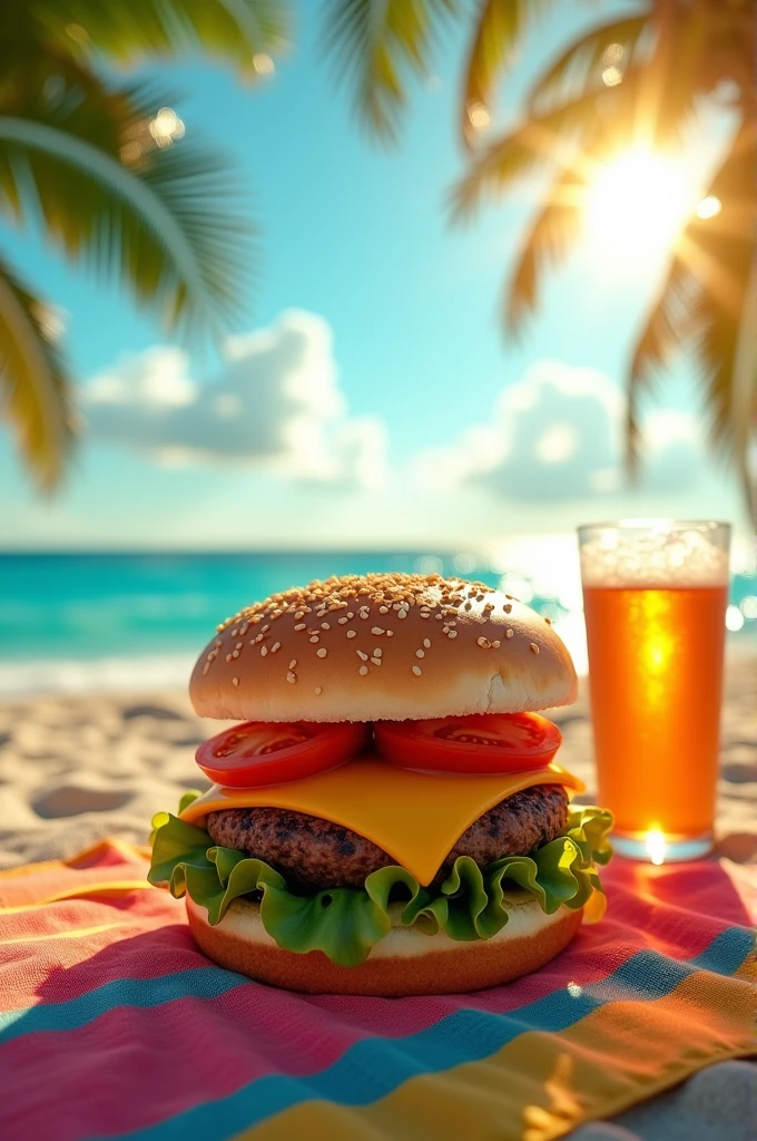 Generate a video of a burger on the beach in the style of Gallo Cervecero