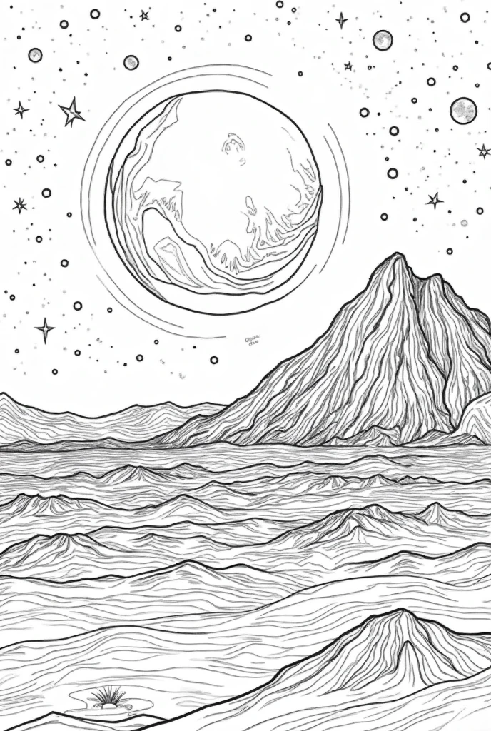 Black and white coloring page of planet Mars 