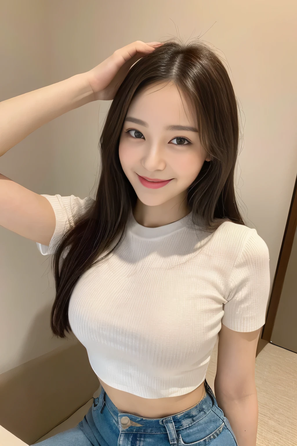 seed:1082546263.((Full body angle:1.1)).((Highest quality, 8k, masterpiece:1.3)), ((from below:1.1)).concentrated:1.2, Perfect body beauty:1.4, Hips:1.2, ((Delicate Hair)), (Vibrant color block short sleeve crop top for women,Shorts :1.1) , ((Highest quality、8k、masterpiece:1.3))、1 A cute smile、Esbian all over body、Slim face、Big Boobs、Beautiful woman、(Dark Brown Hair)、Long Hair、1.1、Flickering Valley、Detailed eyes、double eyelid、Blurred Background、超Slim face、smiling face、Cross your arms、Looking down、stroll.close-up