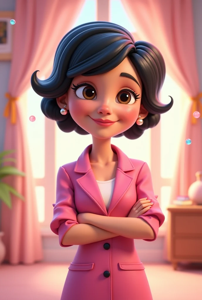 Post a 3D of a 40 year old woman with short, fat, black hair,with small eyes Disney style with pink outfit woman over 40 with arms crossed with long hair