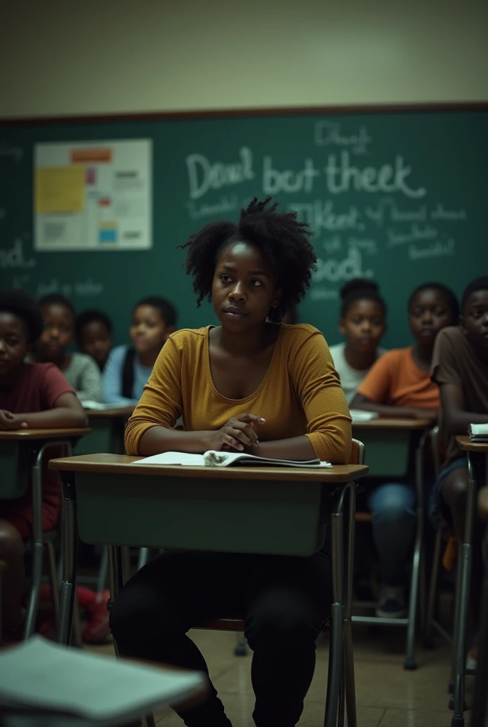 create an image of a black woman suffering discrimination at school by teachers and students in the classroom and they laugh at her and suffer bullying
