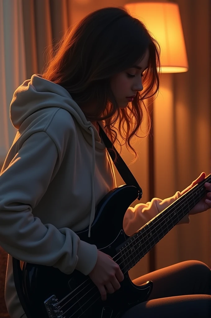 18yo woman, perfect face, masterpiece, baggy hoodie, Hair_brown,the back of her head is shown and she is plqying bass which is black and had 4 strings