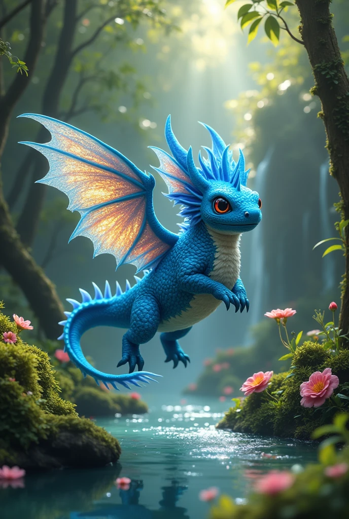 Create a mythical creature that combines an axolotl and a blue dragon.