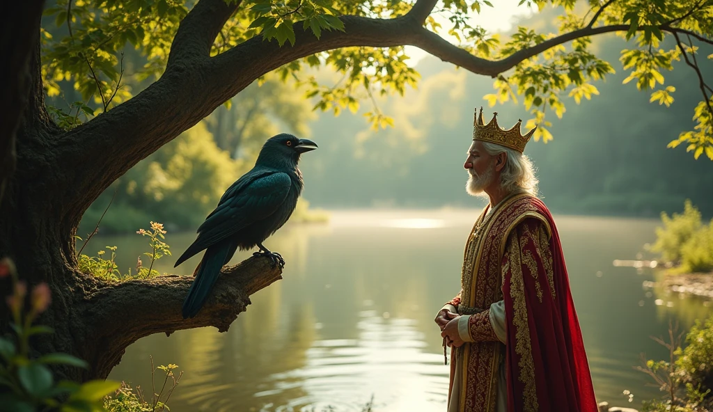 King As he approached the lake, he saw an old parrot and a black crow. The parrot was very old and old