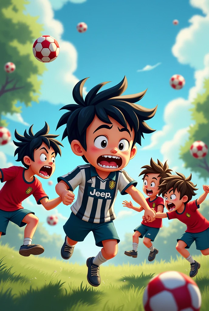 A boy with long black hair and a Juventus shirt is being beaten up by a group of 4 friends because they are very angry the first one has black hair all on one side and with braces , The other one has crooked hair and bricks and the third one has short brown hair and they all jump over them from a cartoon style football